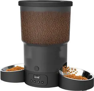 Automatic Cat Feeder for 2 Cats, 3L Cat Food Dispenser Auto Cat Feeder with 2 Stainless Bowls, 10s Meal Call Dual Power Supply and Timer Setting 12 Portions 6 Meals Per Day for Cats (Black, 5L)