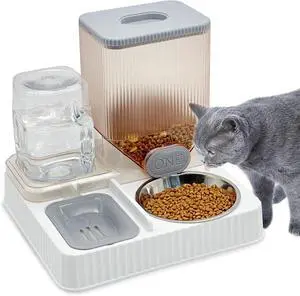 Gravity Cat Feeder & Water Dispenser, 2 in 1 Automatic Puppy Waterer Removable Stainless Steel Food Bowls Set Self Feeding Pet Food Storage for Cat Kitten Puppy Easy Clean (Grey)