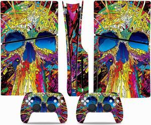 Full Body Vinyl Skin Stickers Decal Cover for PS5 Slim Disc Edition Console and Controllers - Colorful Skull