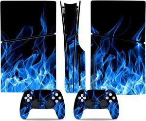 Full Body Vinyl Skin Stickers Decal Cover for PS5 Slim Disc Edition Console and Controllers - Blue Fire