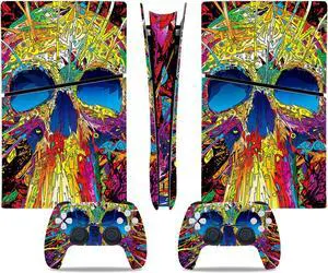 Full Body Vinyl Skin Stickers Decal Cover for PS5 Slim Digital Edition Console and Controllers - Colorful Skull