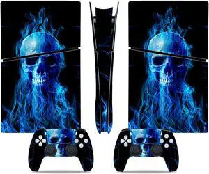 Full Body Vinyl Skin Stickers Decal Cover for PS5 Slim Digital Edition Console and Controllers - Blue Skull