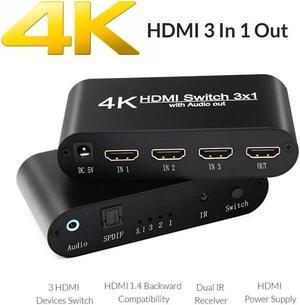 HDMI Switcher 3x1 4K Audio Extractor with Remote Audio Out3 In 1 Out Switch Splitter for PC TV Monitor PS4 XBOX HDMI1.4