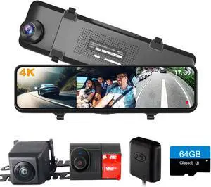 INSEETECH 3 Channel Mirror Dash Cam, 10.88" 4K+1080P+1080P Triple Rear View Mirror Dash Camera Front Inside Rear with WDR G-Sensor GPS Parking Assistance, with 64GB Card, Waterproof Backup Cam for Car