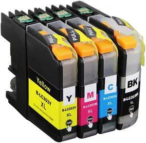 4 Pack High-Yield BK/C/M/Y Ink Cartridge For Brother LC203XL For Use With Brother MFC-J460DW, MFC-J480DW, MFC-J485DW, MFC-J885DW, MFC-J4320DW, MFC-J5620DW & More