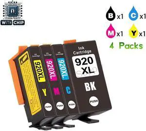 4 Pack High Yield BK/C/M/Y Ink Cartridge(With Chip) For HP 920XL 920 Compatible With OfficeJet 6000 Series OfficeJet 6500 OfficeJet 6500A Series OfficeJet 7500A Wide Format e-All-in-One OfficeJet 7000