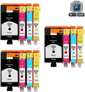 12 Pack High Yield BK/C/M/Y Ink Cartridge(With Chip) For HP 920XL 920 Compatible With OfficeJet 6000 Series OfficeJet 6500 OfficeJet 6500A Series OfficeJet 7500A Wide Format e-All-in-One OfficeJet7000