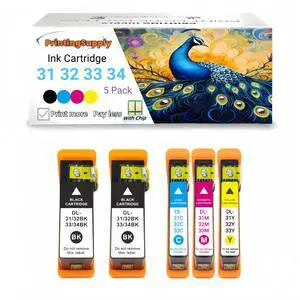 Compatible Dell 31 32 33 34 BCMY Ink Cartridge Work for Dell 31 32 33 34 V525w V725w Printer Black 600 Pages Color 400 Pages 5 Pack 2BK+CMY Compatible Dell 31 32 33 34 BCMY Ink Cartridge Work for Dell 31 32 33 34 V525w V725w Printer Black 600 Pages Color 400 Pages 5 Pack 2BK+CMY