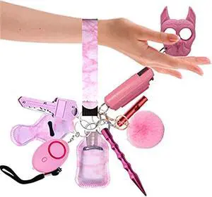 Self Defense Keychain Set for Women with Protection Safety Alarm Key Chain,Whistle and Wirstlet Safety KeyChain Set Pink