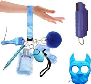 Self Defense Keychain Set for Women with Protection Safety Alarm Key Chain,Whistle and Wirstlet Safety KeyChain Set Blue