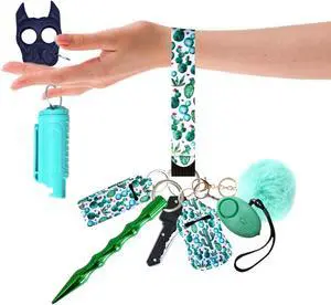 Self Defense Keychain Set With Safe Sound Personal Alarm, Hand sanitizer holders Safety Keychain Set for Women, Girls - Portable Self Protection Key Chain Defense Green