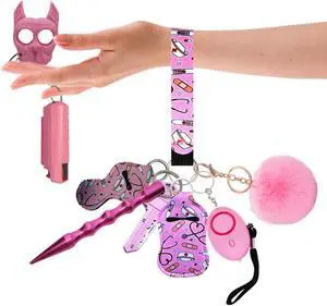Self Defense Keychain Set With Safe Sound Personal Alarm, Hand sanitizer holders Safety Keychain Set for Women, Girls - Portable Self Protection Key Chain Defense Pink