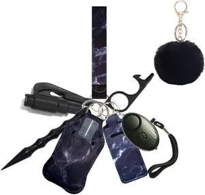 Safety Keychain Set for Woman with Personal Safety Alarm, Pom Pom and Lip Balm Lanyard Wirstlet