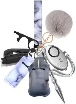 Safety Keychain Set for Woman with Personal Safety Alarm, Pom Pom and Lip Balm Lanyard Wirstlet Grey