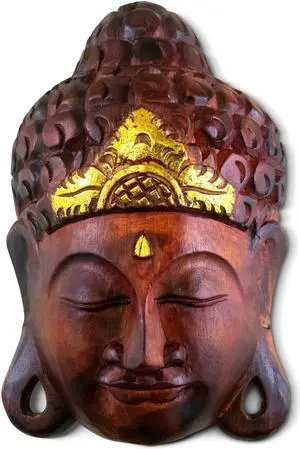 G6 COLLECTION Wooden Wall Mask Serene Brown Buddha Head Statue Hand Carved Sculpture Handmade Figurine Gift Home Decor Accent Handcrafted Wall Hanging Decoration