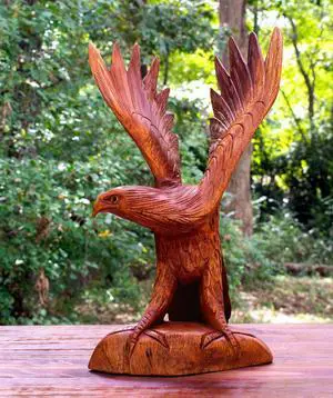 G6 COLLECTION Large 16" Hand Carved Flying Wooden Eagle Statue Figurine Handmade Sculpture Art Decorative Home Decor Accent Handcrafted Decoration Us Soaring Eagle