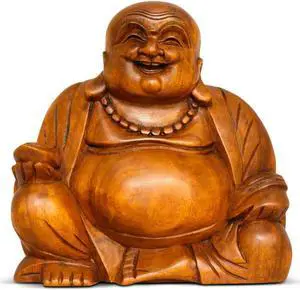 G6 COLLECTION Wooden Laughing Happy Buddha Statue Hand Carved Smiling Sitting Sculpture Handmade Figurine Decorative Home Decor Handcrafted Art Decoration
