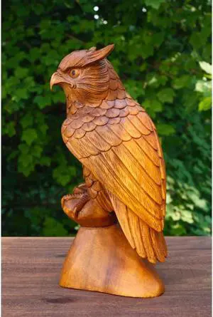 G6 collection 12" Large Wooden Handmade Owl Statue Handcrafted Figurine Art Home Decor Sculpture Wood Hand Carved Decorative Accent Decoration