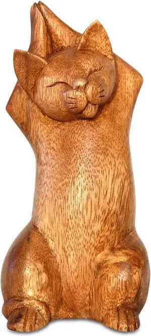 G COLLECTION 8" Wooden Handmade Hand Carved Yoga Upward Salute Pose Cat Sculpture Statue Home Decor