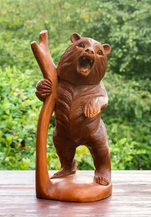 G6 COLLECTION Wooden Hand Carved Grizzly Bear in a Tree Statue Handcrafted Handmade Figurine Sculpture Art Lodge Cabin Outdoor Indoor Home Decor Accent Decoration