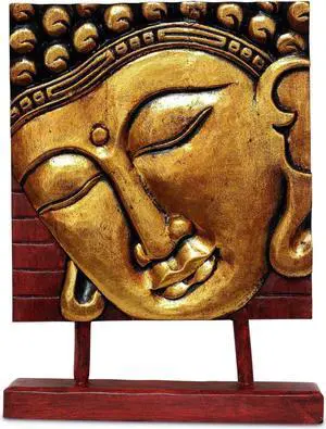 G6 COLLECTION 15" Wooden Serene Buddha Head Plaque Gold Statue Handmade Meditating Sculpture Figurine Decorative Home Decor Accent Handcrafted Art Oriental
