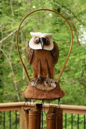 G6 COLLECTION Handmade Wooden Standing Owl Bamboo Wind Chime Wood Statue Figurine Hoot Sculpture Art Rustic Patio Garden Outdoor Decor Handcrafted Decoration