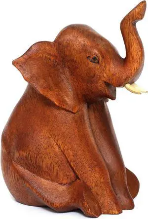 G6 COLLECTION Wooden Hand Carved Sitting Elephant Statue Figurine Sculpture Art Decorative Rustic Home Decor Accent Handmade Handcrafted Decoration Wood