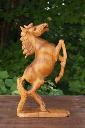 G6 COLLECTION 12" Wooden Hand Carved Rearing Horse Art Figurine Statue Sculpture Handcrafted Handmade Decorative Home Decor Accent Rustic Decoration