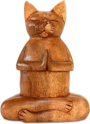 G6 COLLECTION 8" Wooden Handmade Hand Carved Yoga Fire Log Pose Cat Sculpture Statue Home Decor