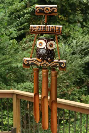G6 COLLECTION Handmade Wooden Owl Welcome Sign Bamboo Wind Chime Wood Statue Figurine Hoot Sculpture Patio Garden Outdoor Decor Handcrafted Decoration