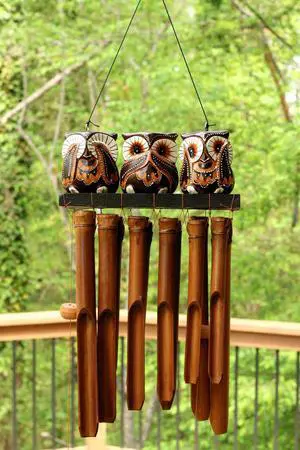 G6 COLLECTION Handmade Wooden See Hear Speak No Evil Owl Bamboo Wind Chime Wood Statue Figurine Hoot Sculpture Patio Garden Outdoor Decor Handcrafted Decoration