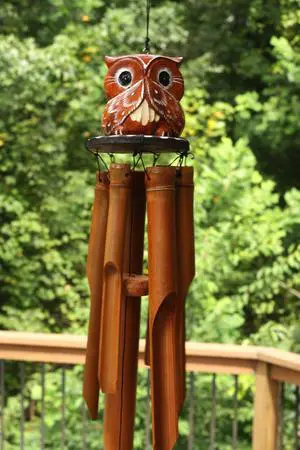 G6 COLLECTION Handmade Wooden Speak No Evil Owl Bamboo Wind Chime Wood Statue Figurine Hoot Sculpture Art Rustic Patio Garden Outdoor Decor Handcrafted Decoration