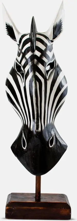 G6 COLLECTON 20" Wooden Tribal Striped Black White Zebra Mask with Stand Hand Carved Home Decor Accent Art Unique Sculpture Handmade Handcrafted Mask Stand Alone