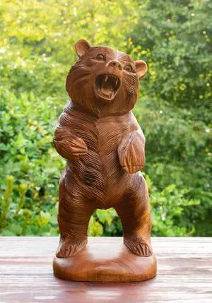 G6 COLLECTION Wooden Hand Carved Grizzly Bear Standing Statue Handcrafted Handmade Figurine Sculpture Art Rustic Lodge Cabin Outdoor Indoor Home Decor Accent Decoration