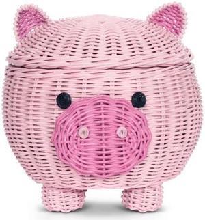 G6 COLLECTION Large Pig Rattan Storage Basket With Lid Hand Woven Shelf Organizer Handmade Gift Cute Piggy Wicker
