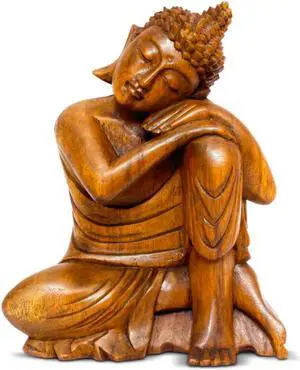 G6 COLLECTION Wooden Serene Sleeping Resting Buddha Statue Hand Carved Figurine Sculpture Home Decor-8" tall x 8" wide x 4" deep