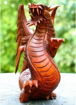 G6 COLLECTION Wooden Dragon Handmade Sculpture Statue Handcrafted Gift Art Decorative Home Decor Figurine Accent Decoration Artwork Hand Carved - 8" tall x 7" wide x 4.5" deep