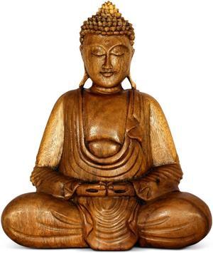 G6 COLLECTION Wooden Serene Sitting Buddha "Dhyana Mudra" Statue Handmade Meditating Sculpture Figurine Decorative Home Decor Accent Handcrafted Art Oriental Decor- 12" TALL X 10" WIDE X 5" DEEP