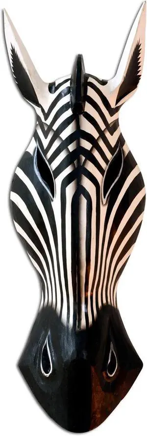 G6 COLLECTION Wooden Tribal Zebra Mask Black White Stripe Hand Carved Wall Plaque Hanging Home Decor Accent Art Unique Sculpture Decoration Handmade Handcrafted - 20" Tall x 6" Wide x 3" Deep