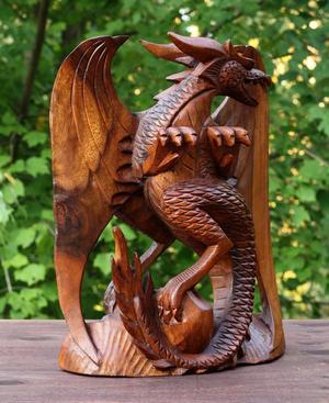 G6 COLLECTION Wooden Handmade Skyrim Dragon Statue Sculpture Handcrafted Gift Art Decorative Home Decor Figurine Accent Decoration Artwork Hand Carved - 8" Tall x 7" Wide x 3" Deep