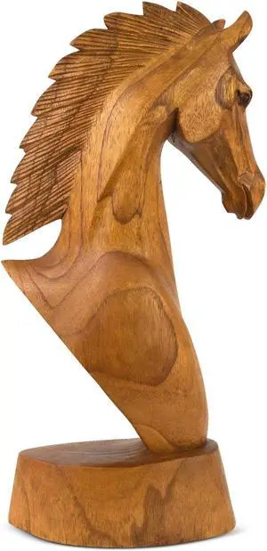 G6 COLLECTION Wooden Hand Carved Horse Head Statue Sculpture Handcrafted Handmade Wood Decorative Home Decor Accent Decoration 16