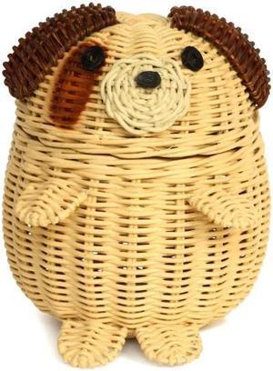 G6 COLLECTION Dog Rattan Storage Basket with Lid Decorative Home Decor Hand Woven Shelf Organizer Cute Handmade Handcrafted Gift Art Decoration Artwork Wicker Puppy