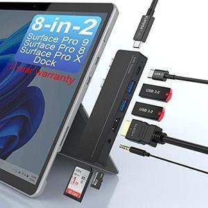 8-in-2 Surface Pro 9 Pro 8 Docking Station, Surface Pro 8 Hub with 4K HDMI,100W USB-C Thunderbolt 4(Display+Data+PD Charging), USB C(Data), Audio,2*USB 3.0, TF/SD Card for Microsoft Surface Pro 9/8/X