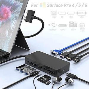 Surface Pro Docking Station 4K Triple Display (HDMI +VGA+DP) 12 in 1 Surface Dock hub Compatible for Microsoft Surface Pro 4/Pro 5/Pro 6 Dongle (HDMI VGA DP PD3.0 SD TF Reader RJ45 3USB)