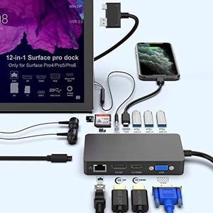 Surface Pro Dock for Surface Pro 4/Pro 5/Pro 6 USB Hub Docking Station with Gigabit Ethernet, 4K HDMI VGA DP Display, 3xUSB 3.0, Audio Out, USB C, SD/TF Card Slot Combo Dock Only for Surface Pro 4/5/6
