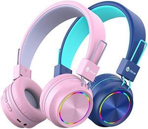 iClever BTH03 Kids Bluetooth Headphones Safe Volume, Colorful LED Lights, 25H Playtime, Stereo Sound Mic, Bluetooth 5.0, Foldable, On Ear Kids Wireless Headphones for Tablet (Blue&Pink, 2 Pack)
