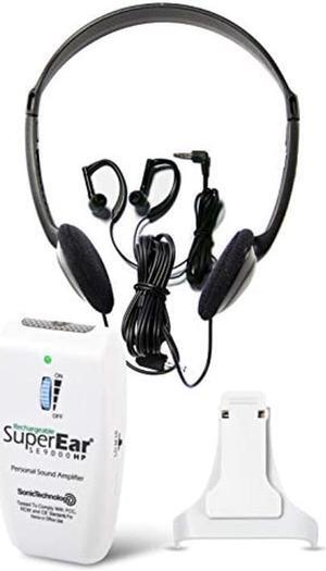 SuperEar Rechargeable Personal Sound Amplifier Model SE9000HP (PSAP) - 50dB Amplifier with Headphones, Earbuds, and Tactile 3 Tone Frequency (Hi-Med-Low) for Adults, Audiologists, Seniors, and Elderly