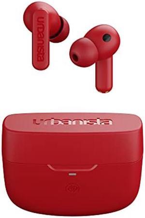 Urbanista Atlanta Hybrid Active Noise Cancelling Wireless Earbuds, Deep Bass Splash Resistant Headphones, Bluetooth Multipoint Earphones, Transparency Mode, Wireless Charging Case, Vibrant Red