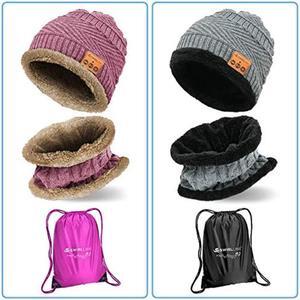 2PCS Bluetooth Beanie Wireless Hat with Scarf Pink and Gray - Headphone Beanie Hat with Upgraded Bluetooth 5.0 - Wireless Beanie Bluetooth Hat for Women Men Teens - Warm Knitted Fleece Music Hat