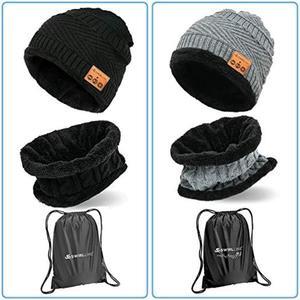 2 PCS Bluetooth Beanie Wireless Hat with Scarf - Black and Gray- Headphone Beanie Hat with Upgraded Bluetooth 5.0 - Wireless Beanie Bluetooth Hat for Women Men Teens - Warm Knitted Fleece Music Hat